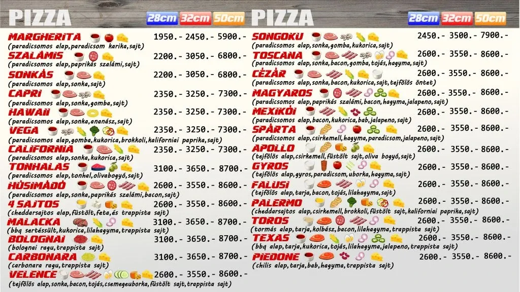 Pizzakínálat: mind a 27 pizza három méretben, árakkal