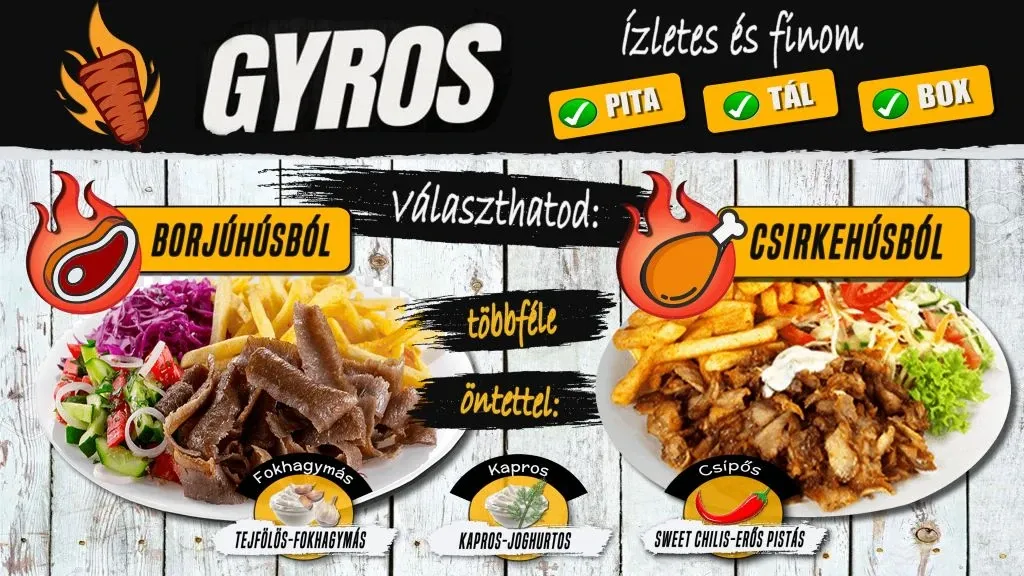 Gyros borjú- vagy csirkehúsból, pitában, tálon vagy boxban