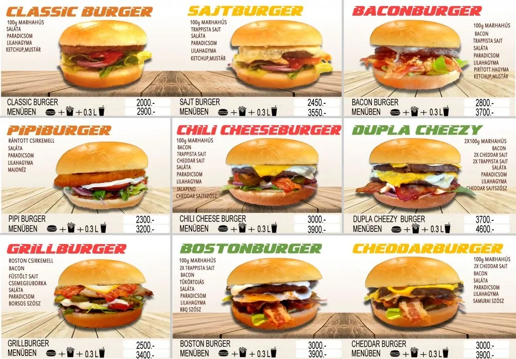 Hamburgerek: összetevők, árak és menüárak